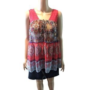 Anthropologie Size L Fig And Flower Women's Tank Blouse Blue/Coral Lace Boho